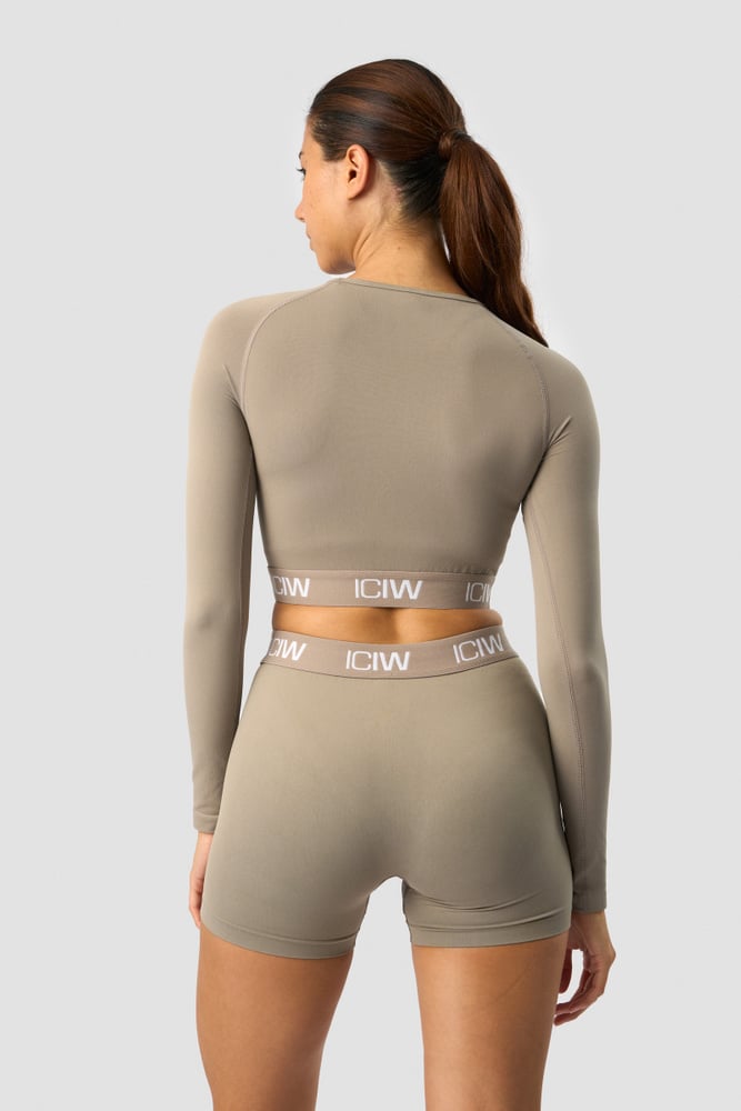 define seamless logo long sleeve crop top taupe